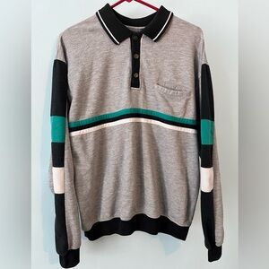 Gray and Black Striped Long Sleeve Polo